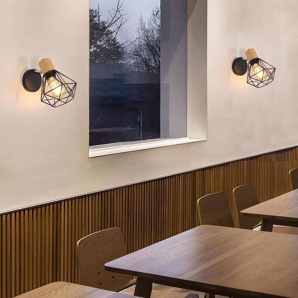 Goeco Pack of 2 Industrial Vintage Wall Lights in Black and Wood with 360 Degree Adjustable Omnidirectional Design – 7