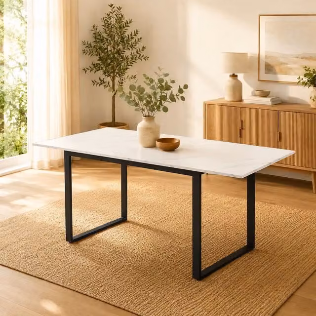 HomeTouch White Marble Effect Extendable Dining Table with Iron Metal Legs, W: 80 cm, L: 140-180 cm, H: 75 cm