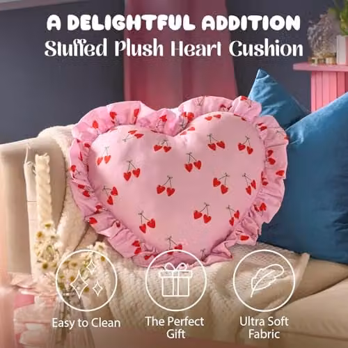 OHS Cherry Print Heart Shaped Cushion with Frill Edges, Pink and Green, 40 cm – 2