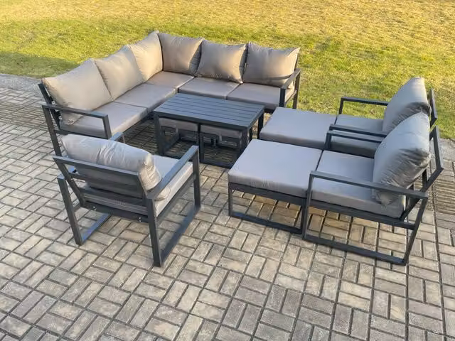 Fimous 12 Seater Aluminium Outdoor Garden Furniture Set in Dark Grey with L-Shape Sofa, Coffee Table and Footstools