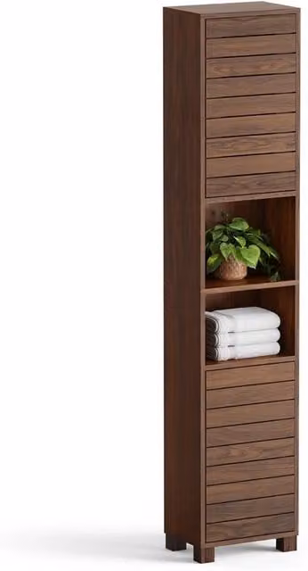 EONLION Tall Brown Wood Bathroom Storage Cabinet with Hinged Doors and Internal Shelves, H 165 x W 34 x D 23 cm – 1