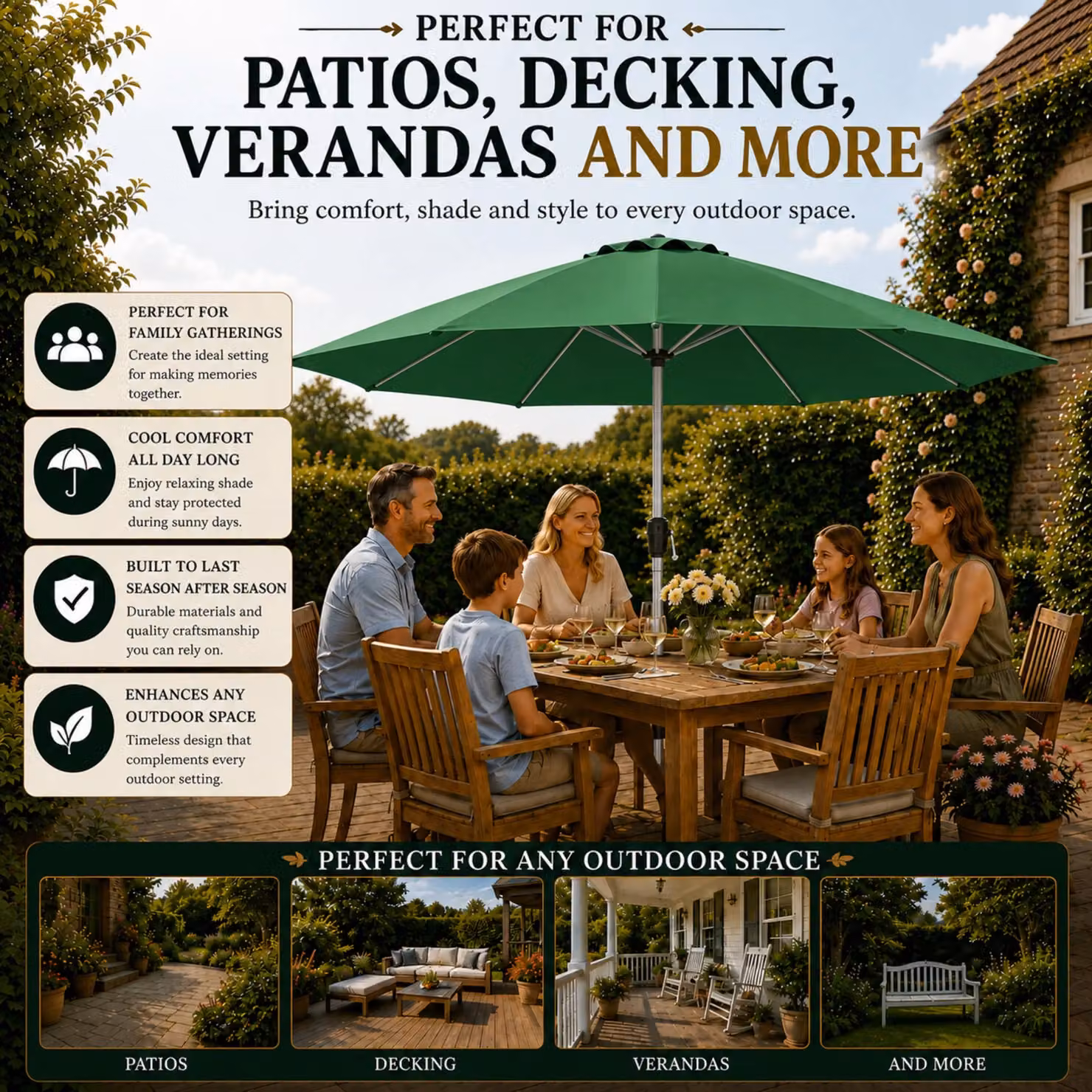 Glamhaus Green Garden Table Tilting Parasol with Crank, Waterproof Aluminium Umbrella, H 270 cm x W 235 cm – 7