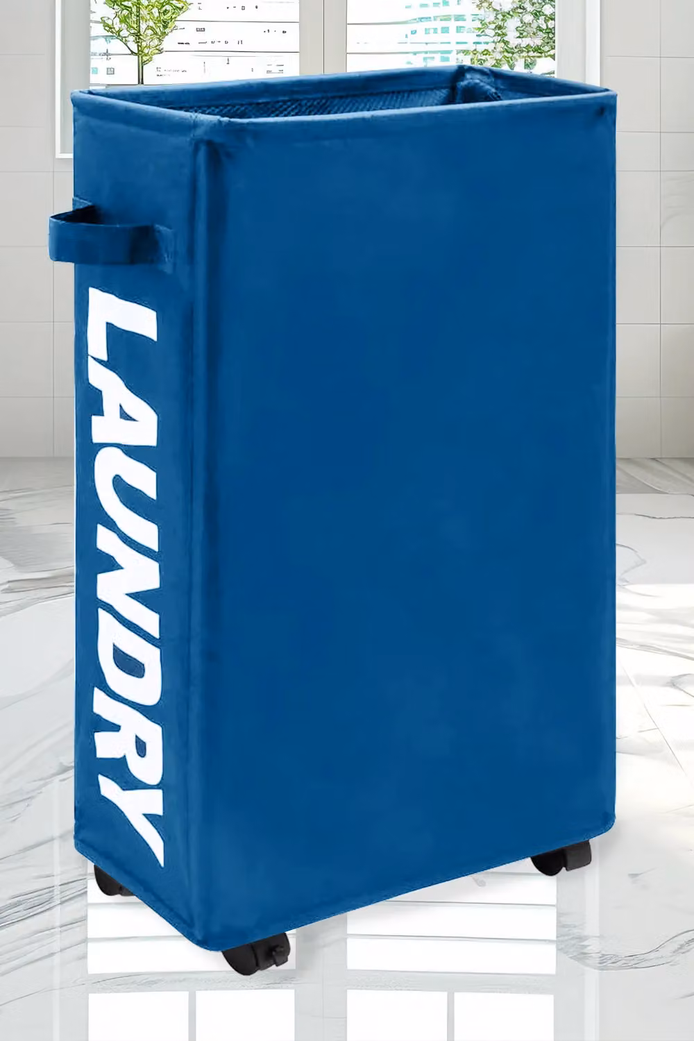 Neel Blue Collapsible Rolling Laundry Basket with Wheels, 38L, Navy, W: 40 cm, D: 18 cm, H: 53 cm – 7