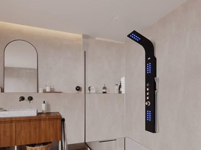 SHOWER&DESIGN Thermostatic LED Hydro-Massage Shower Column in Matt Black, W/D/H: 20 x 20 x 165 cm