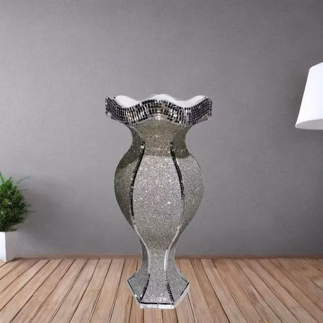 Ziddan Bargain Large Crushed Diamond Crystal Mirrored Floor Vase in Silver