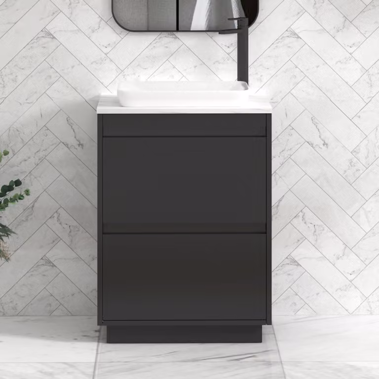 Royal Bathrooms Orion 600mm Matt Obsidian Black Floor Standing Countertop Vanity Unit with 2 Drawers, Qubix Basin and Black Accent Trim