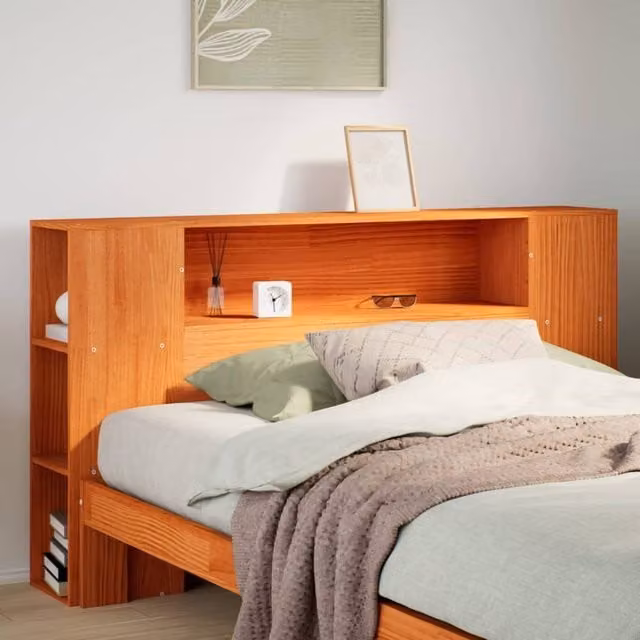 Berkfield Home Rustic Solid Wood Pine Headboard with Integrated Storage and Nightstands in Wax Brown, 150 cm – 1