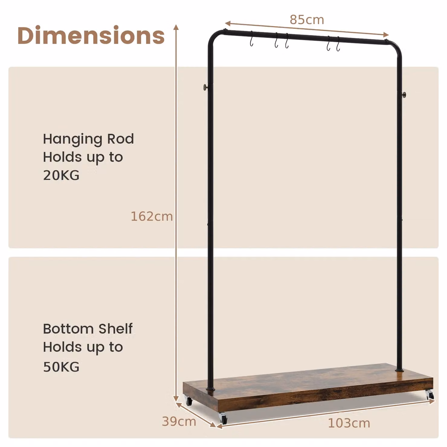 Costway Industrial Metal Clothes Rail on Wheels in Brown – 2