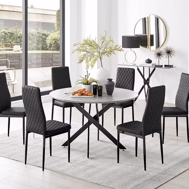 FurnitureboxUK Novara Grey Concrete Effect Round Dining Table and 6 Milan Black Leg Chairs Set