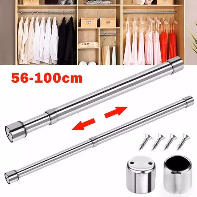 NESTLUNE Extendable Stainless Steel Wardrobe Rail in Silver, Width: 56-100 cm