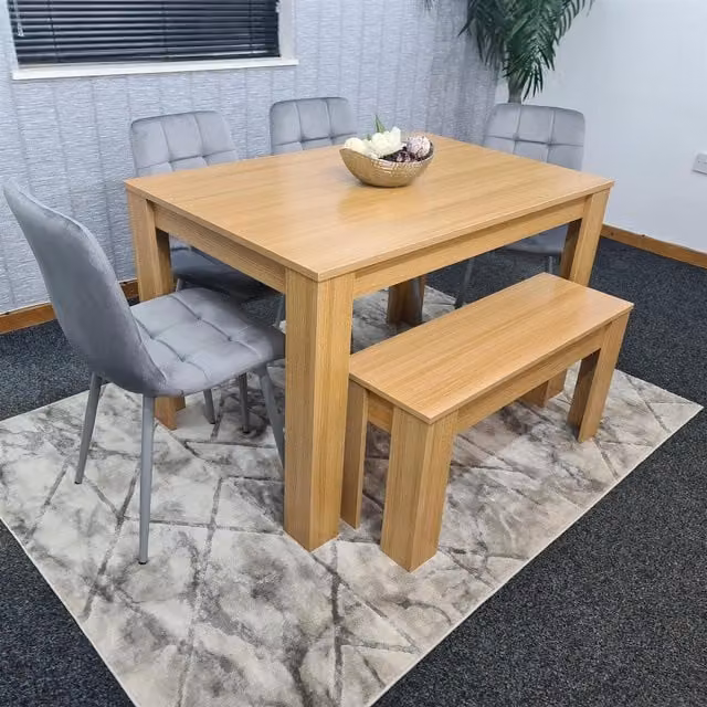 KOSY KOALA 6 Seater Modern Dining Table Set with 4 Grey Velvet Chairs and Bench in Brown and Grey – 1