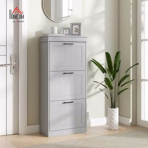 HOMCOM Slim Shoe Storage Cabinet with 3 Tilting Compartments and Internal Shelves, Grey – 2