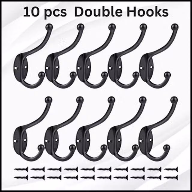 NESTLUNE 10 Pack Double Wall Hooks for Clothes, Hats, Coats and Robes in Black