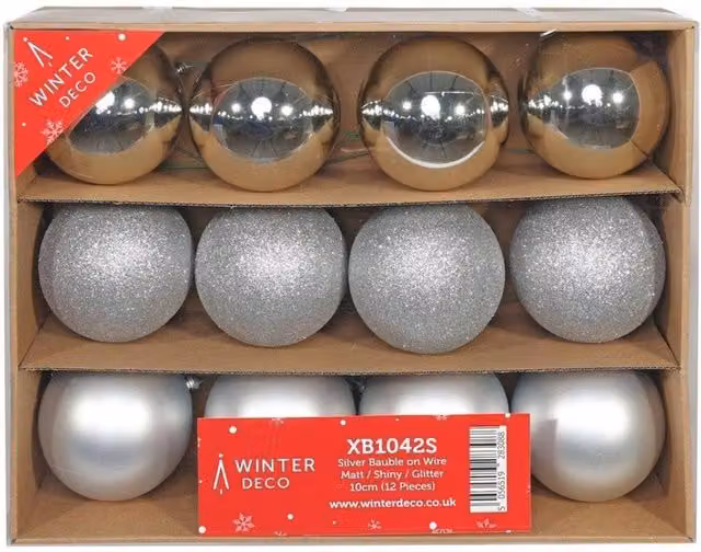 KDMD 12 Pack Silver Christmas Baubles with Matt and Shiny Glitter Finish on Metal Wire – 1