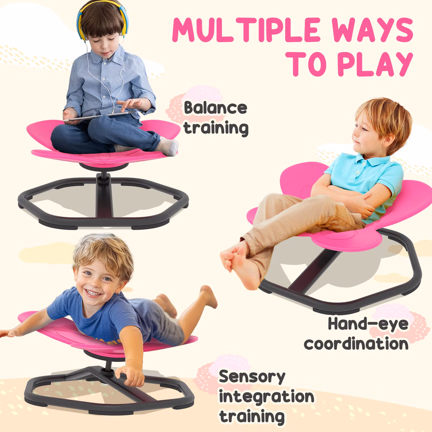 AIYAPLAY Butterfly-Shaped Kids Swivel Chair, Pink Sensory Spinning Chair for Balance and Coordination Training – 5