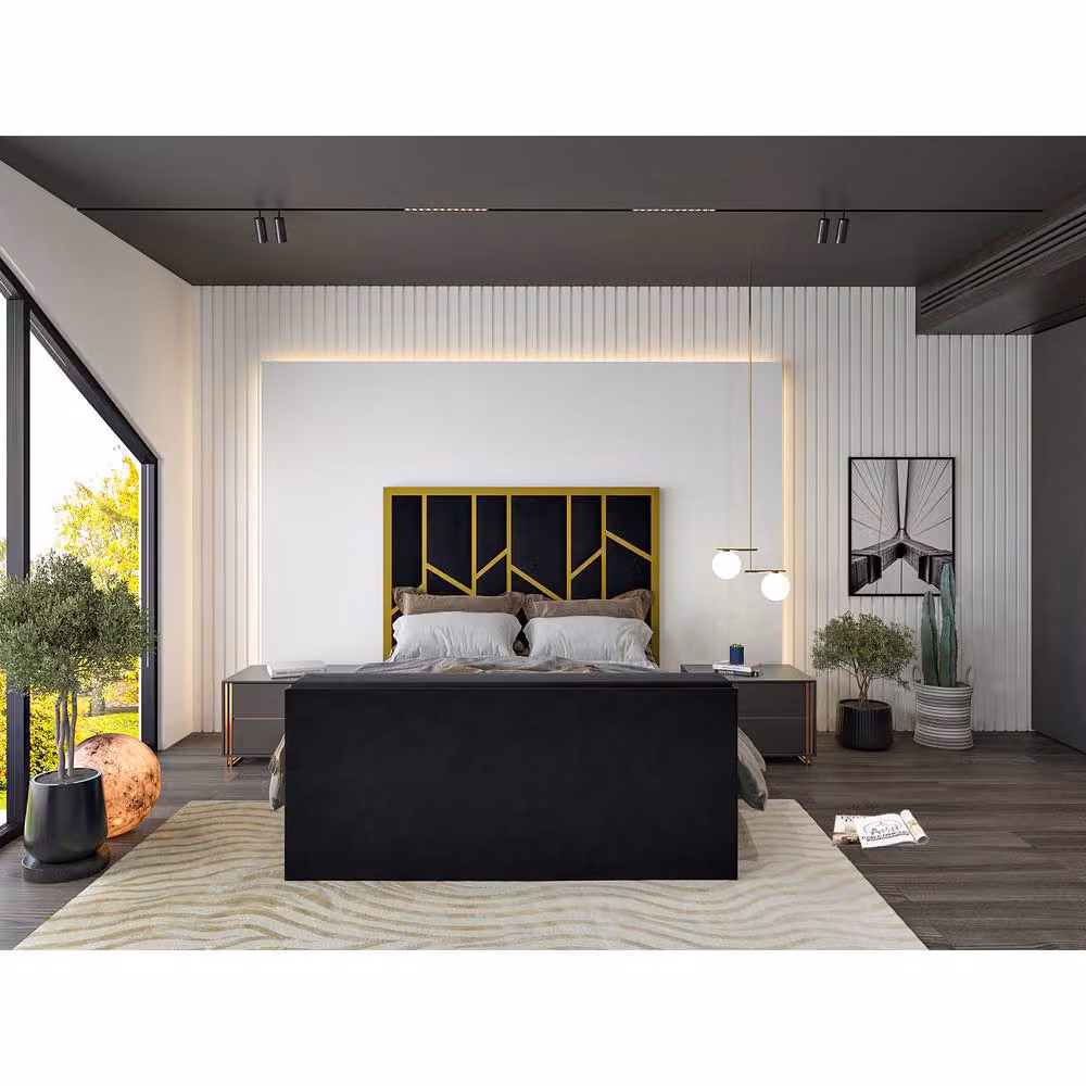 KDMD Sherlock Luxe Upholstered Gold and Black Television Bed Frame, Double, 140 x 200 cm – 2
