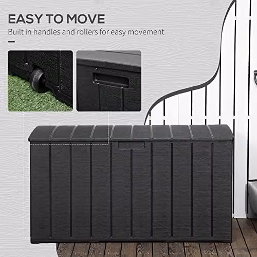 Outsunny 336L Rolling Outdoor Garden Storage Box, Water-Resistant Plastic Patio Cushion Chest with Castors, Black – 5