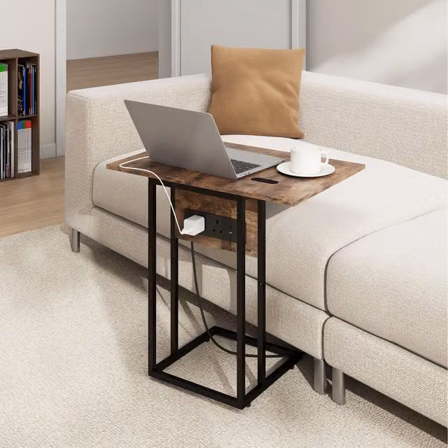 HOMCOM C Shaped Side Table with Charging Station and Foldable Top in Rustic Brown