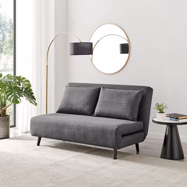 FurnitureboxUK Bobby Double Folding Sofa Bed in Dark Grey, Upholstered Fabric with Solid Wood Frame and Scatter Cushions, 140 x 200 cm