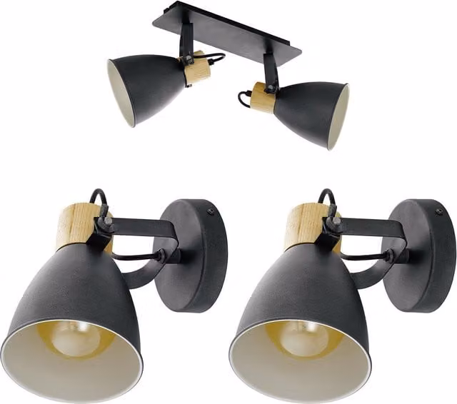 Loops Twin Ceiling Spot Light and 2x Matching Wall Lights in Black and Wood with Adjustable Moving Heads – 1