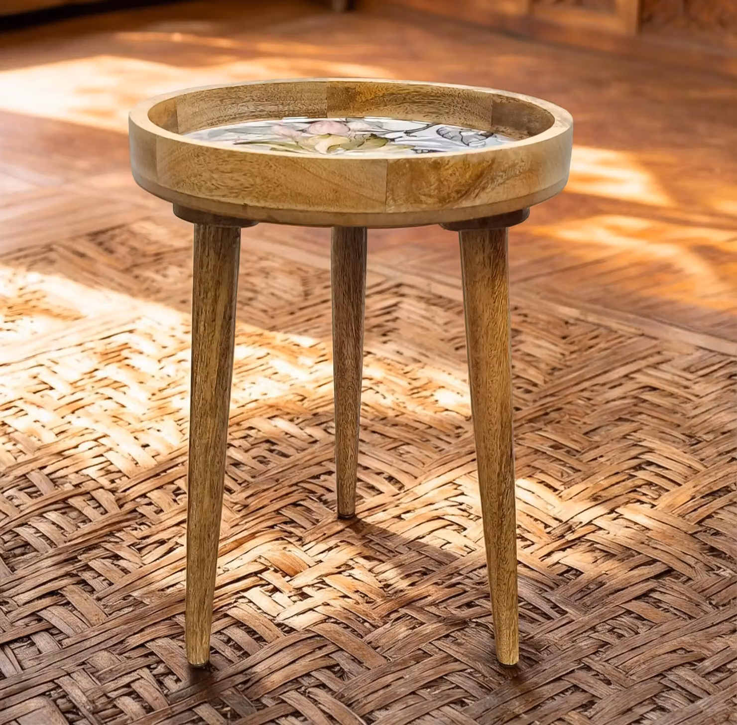 Hartsmede Handmade Round Side Table in Solid Mango Wood with Rose Gold Spring Flower Design and Detachable Legs – 4
