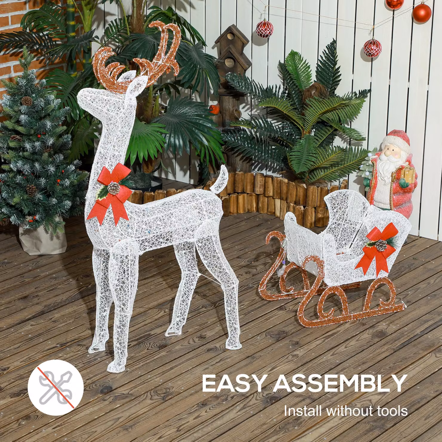 OUTSUNNY White Light Up Reindeer and Sleigh Christmas Decoration with 170 LED Lights – 4