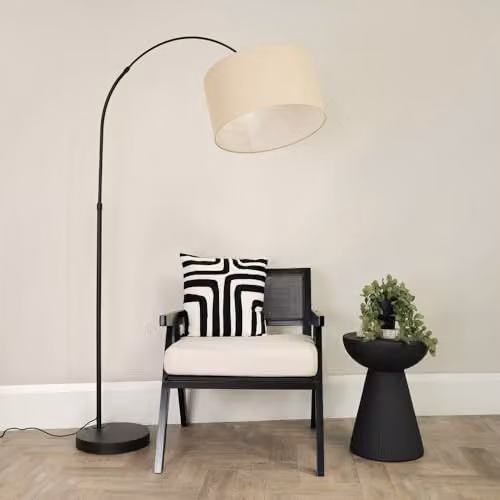 ValueLights Modern Black Metal Arched Floor Lamp with Grey Fabric Drum Shade, Height: 180 cm, Width: 45 cm, Depth: 45 cm – 2