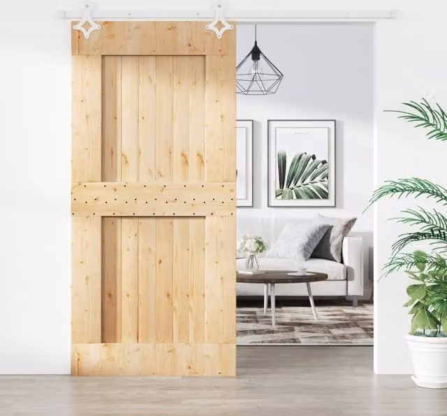 Berkfield Home Rustic Solid Wood Pine Sliding Door with Hardware Set, Brown, W: 95 cm, H: 210 cm