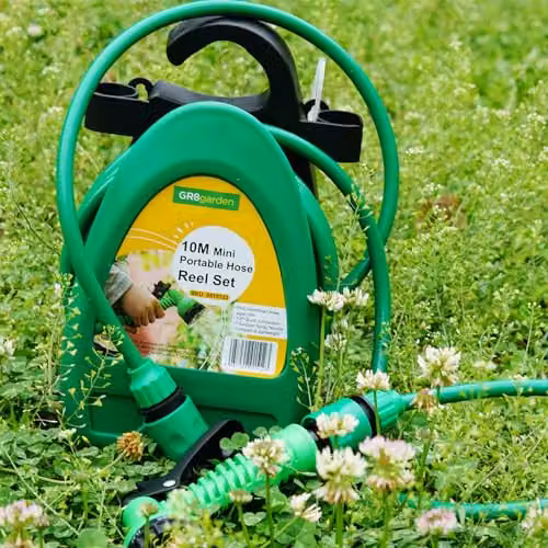 Gr8 Green Compact Portable Garden Hose Reel and Spray Gun Set with 10m Hose and Multi-Pattern Nozzle – 5