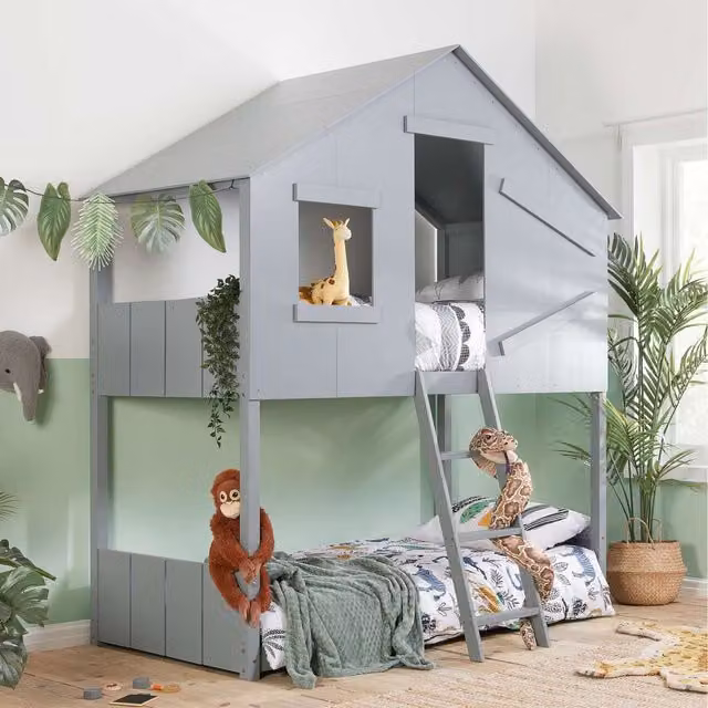 Birlea Safari Solid Pine Bunk Bed House Frame in Grey or White, W/D/H: 90 x 190 x 230 cm