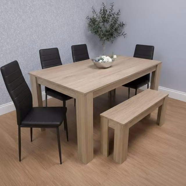 Kosy Koala Modern Oak Effect Dining Set with Rectangular Table, 4 Black Chairs and 1 Beige Bench – 1