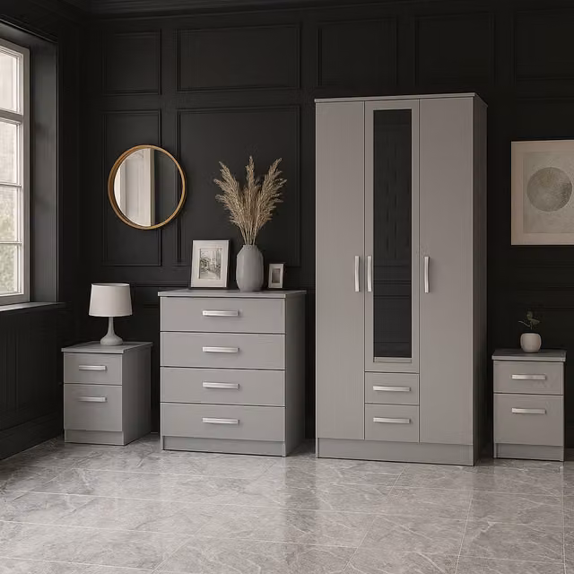 Birlea Lynx 4 Piece Modern Grey and Silver Glossy MDF Furniture Set including Wardrobe, Chest of Drawers and Bedside Tables