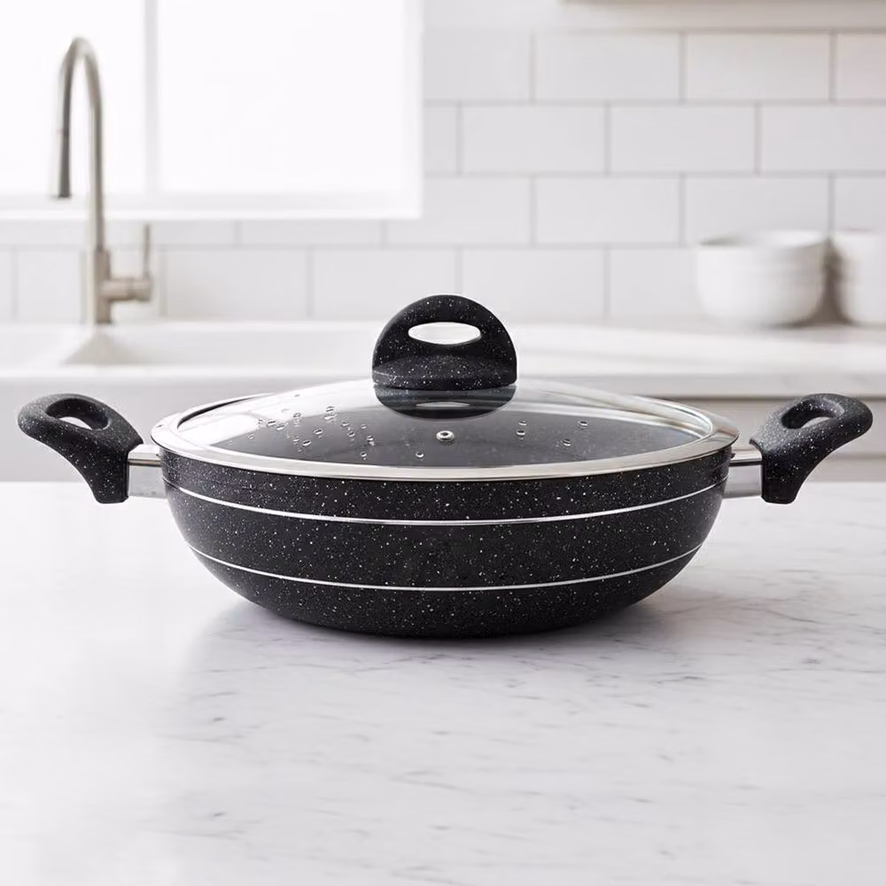 Royalford Black Granite Coating Non-Stick Wok Pan with Glass Lid for Multi Hob – 2