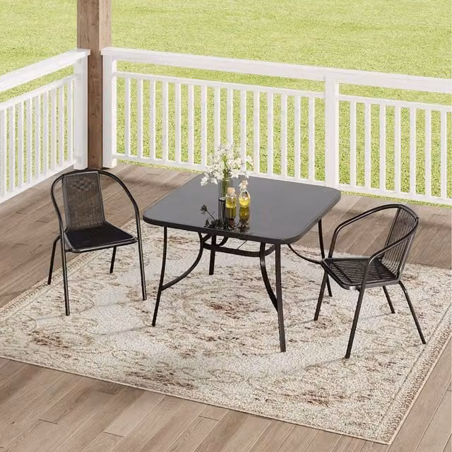 Komore Black Rattan Garden Set with Square Tempered Glass Table and 2 Chairs