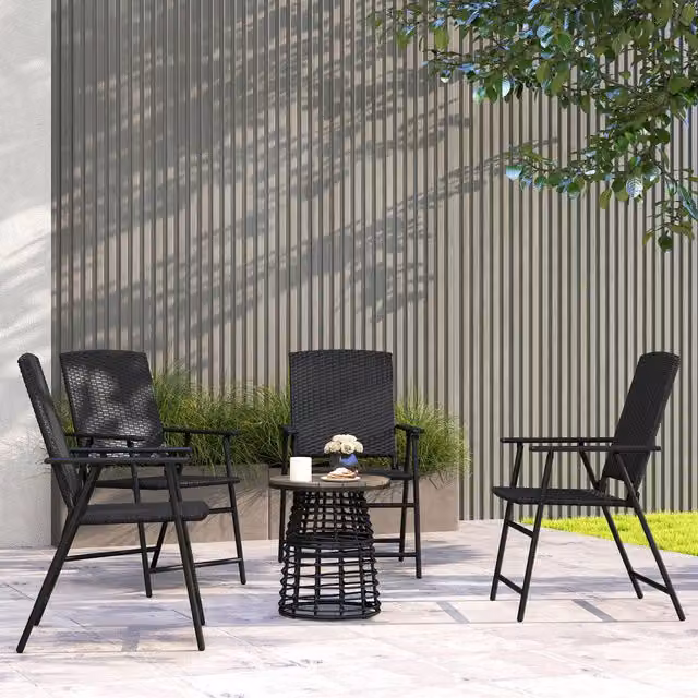 Outsunny Set of 4 Modern Black Rattan and Metal Chairs
