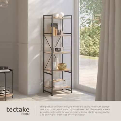 tectake Industrial Bookcase with 5 Shelves and Steel Frame, Light Wood and Black, H 151.5 x W 47.5 x D 34.5 cm – 3