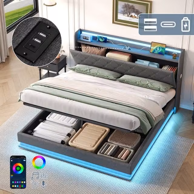 Matteo Double Upholstered Bed Frame with Lift Up Storage, LED Lighting and USB Charging Port, Grey Linen, W/D/H: 140 x 200 x 113 cm