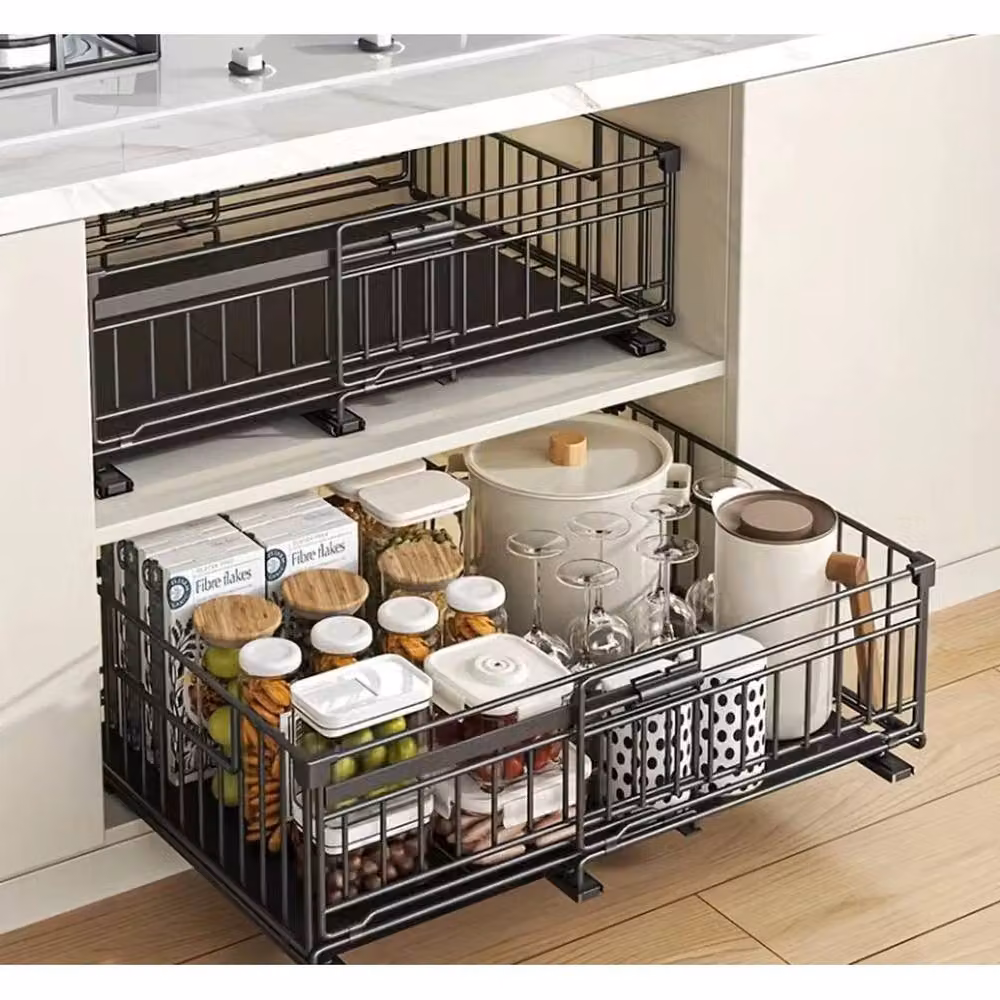 FORGEVIO Black Metal Kitchen Cupboard Organiser Pull Out Drawer Insert – 2