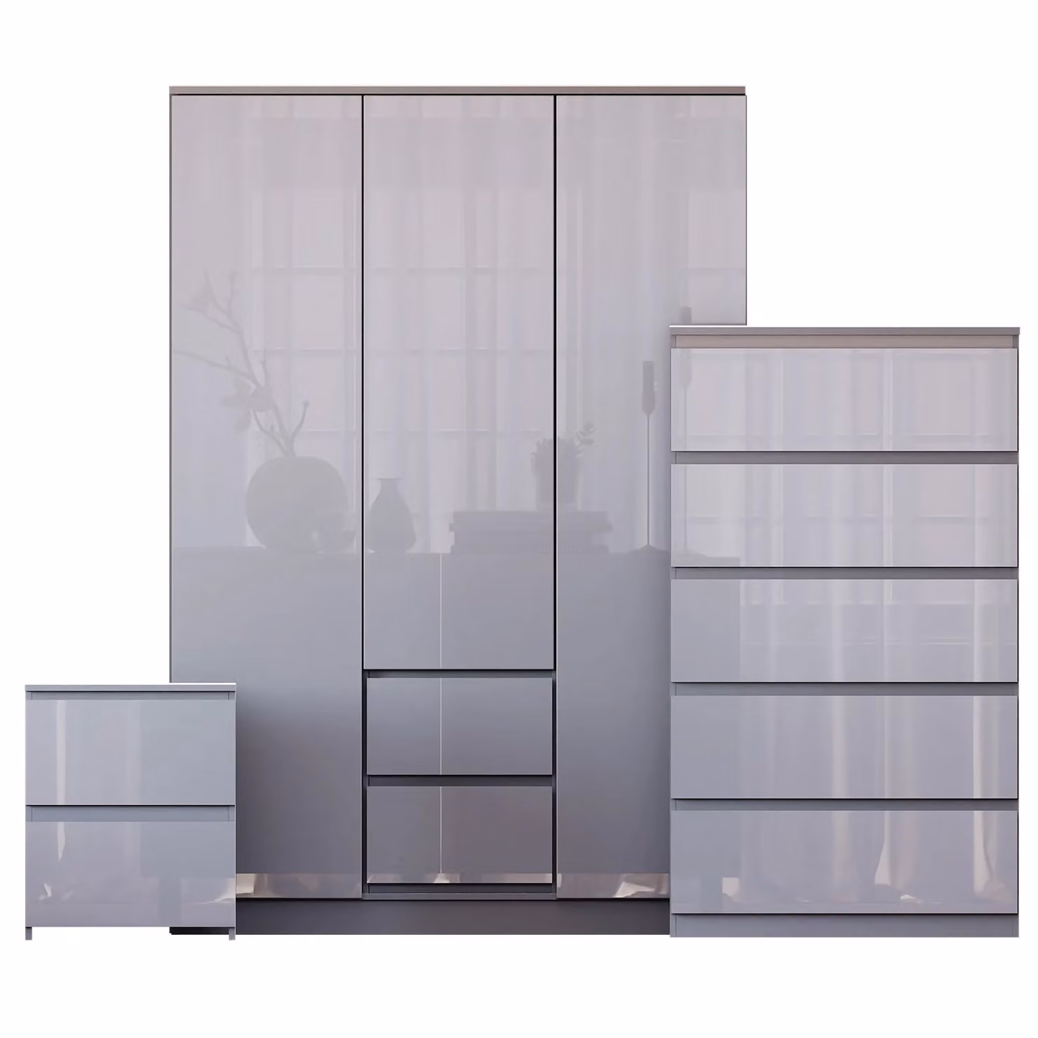 Vida Designs Glinton 3 Piece Grey Glossy Modern Bedroom Set Including Wardrobe, 5 Drawer Chest and 2 Bedside Tables – 2