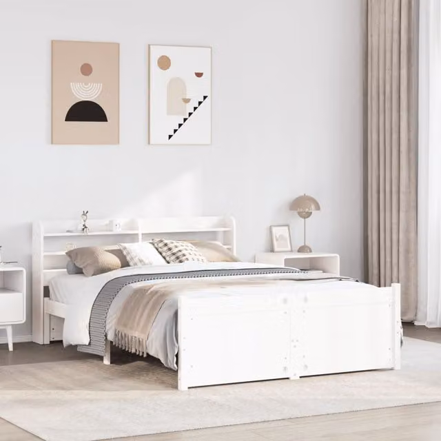 Berkfield Home White Rustic Pine Bed Frame with Headboard and Side Compartments, W/D/H: 140 x 200 cm