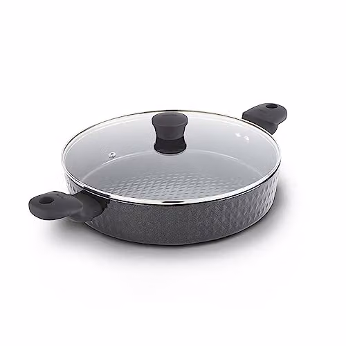 Tower Diamo Aluminium Shallow Casserole Dish with Black Diamond Ceramic Non-Stick Coating and Tempered Glass Lid, Black, Diameter: 30 cm – 1