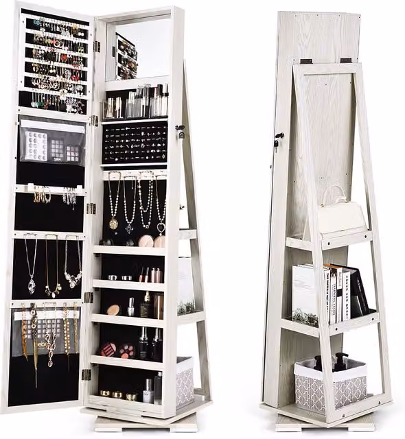 Costway 3-in-1 Rotating Mirrored Jewelry Armoire and Large Capacity Makeup Organizer in White – 1