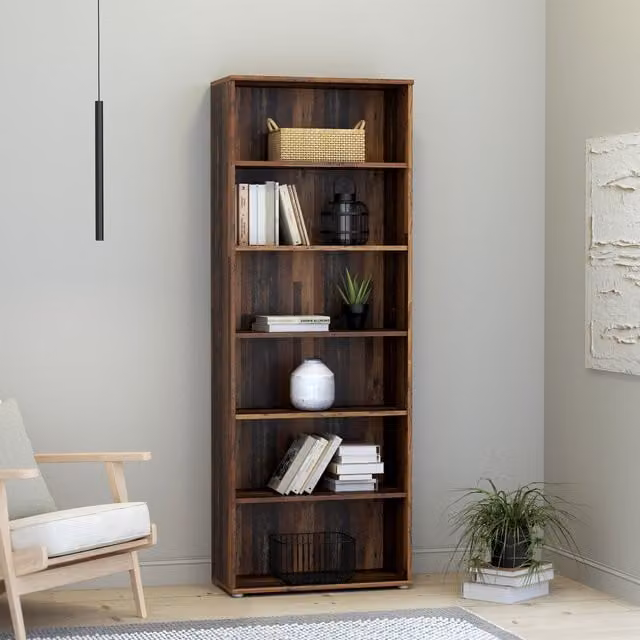 Furniture To Go Essential 5 Shelf Wide Bookcase in Rustic Brown Wood