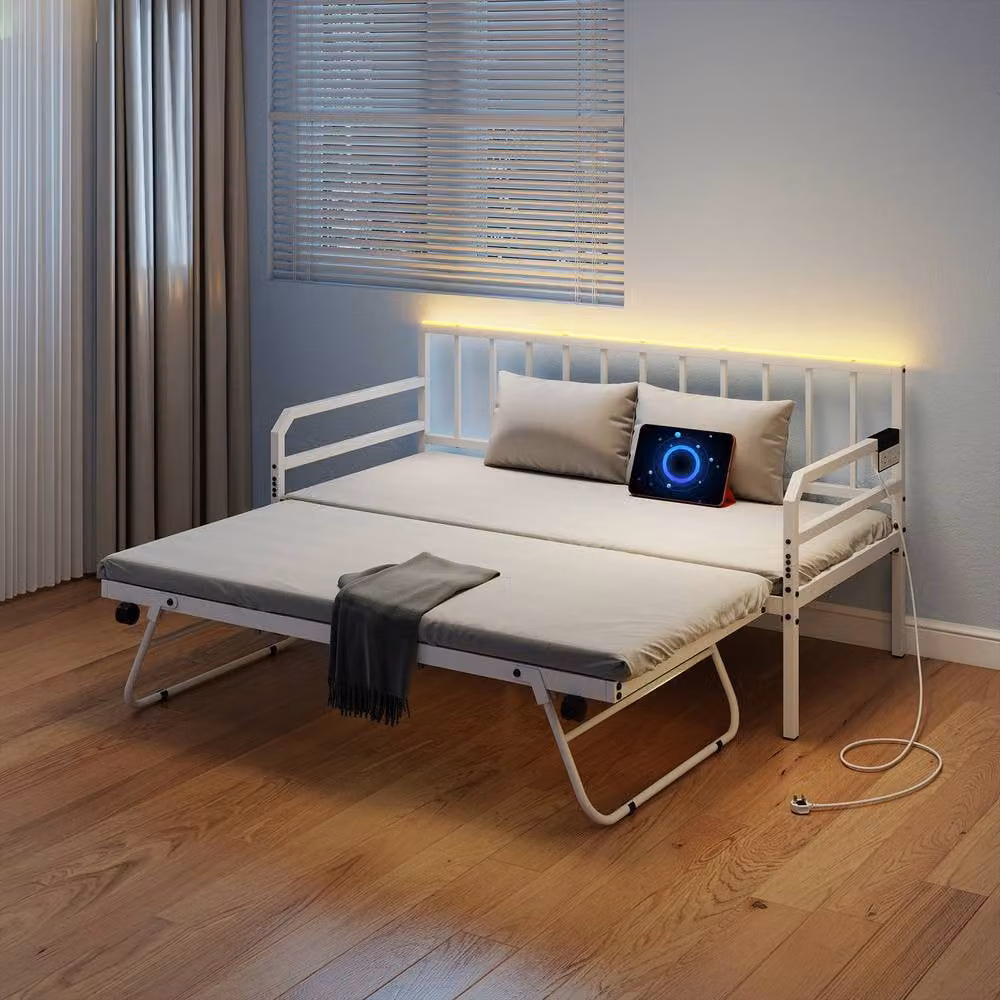 Costway Single Size Metal Daybed with USB Charging Port and LED Under-Bed Lighting in White, W/D/H: 90 x 200 cm – 3