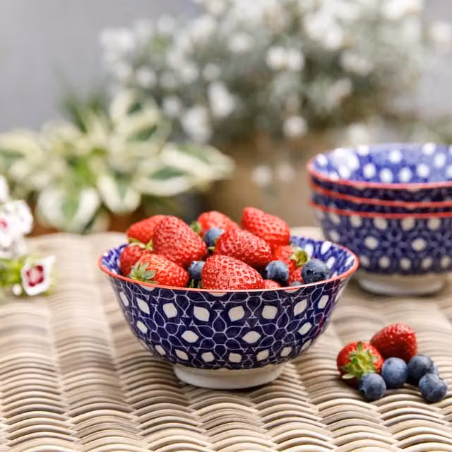 KitchenCraft 4-Piece Blue Floral Stoneware Ceramic Bowl Set