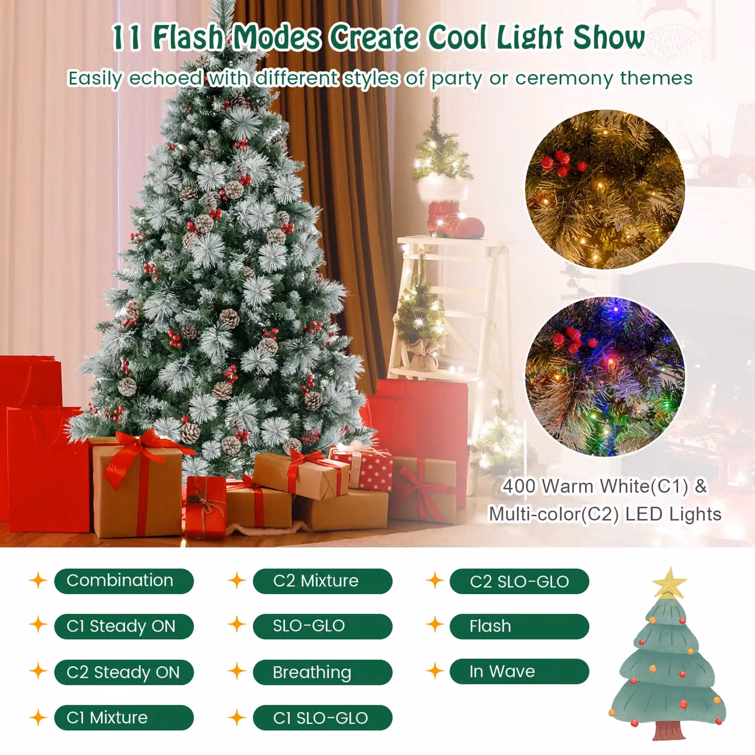 Costway 7ft Pre-Lit Artificial Green Christmas Tree with 400 LED Lights – 4