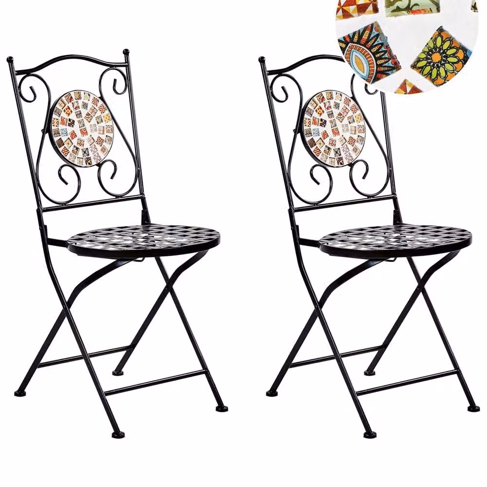 Wyld Haus Set of 2 Black Powder Coated Steel Folding Garden Chairs with Multicolour Geometric Mosaic Backrests – 2