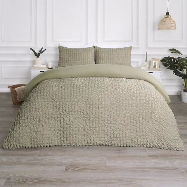 OHS Geo Seersucker Duvet Cover Set, Green, 180 x 200 cm