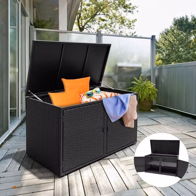 Costway Outdoor PE Wicker Garden Storage Box in Black, 330L