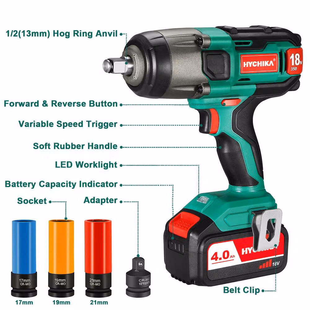 HYCHIKA Cordless Impact Wrench with 4.0Ah Battery and 3 Sockets, Green – 2